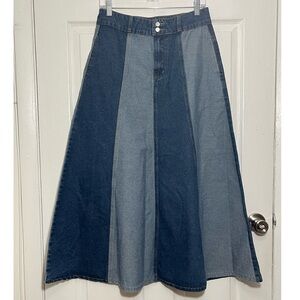 NWOT POLAGRAM Maxi Denim Patchwork Two Tone Flare A-Line Skirt | size Medium